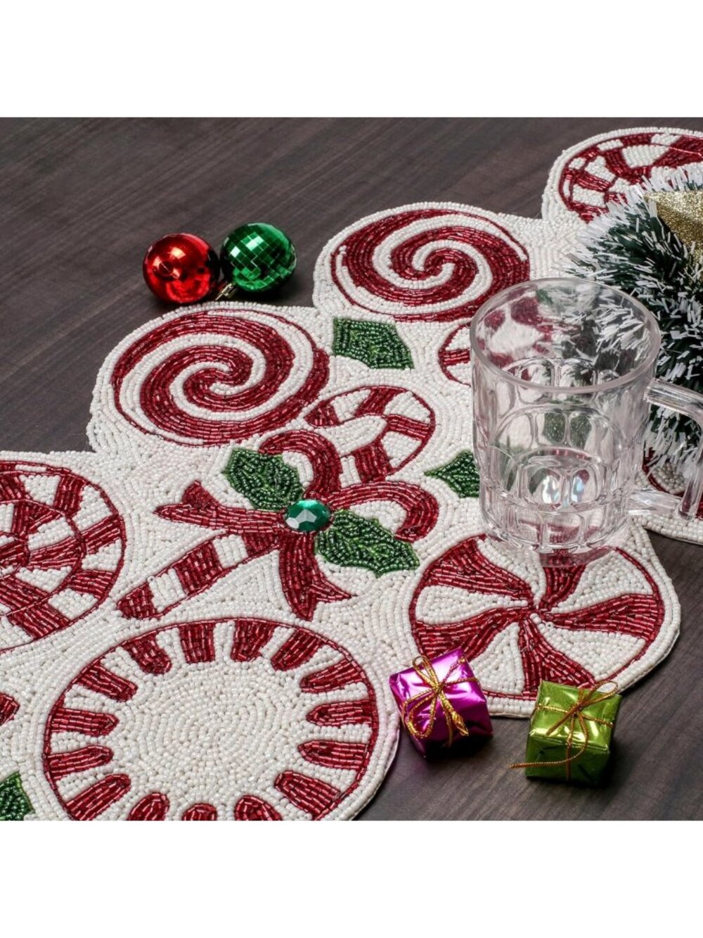Festive Beaded Christmas Table Runner 13x36 Inches | Holiday Table Decor
